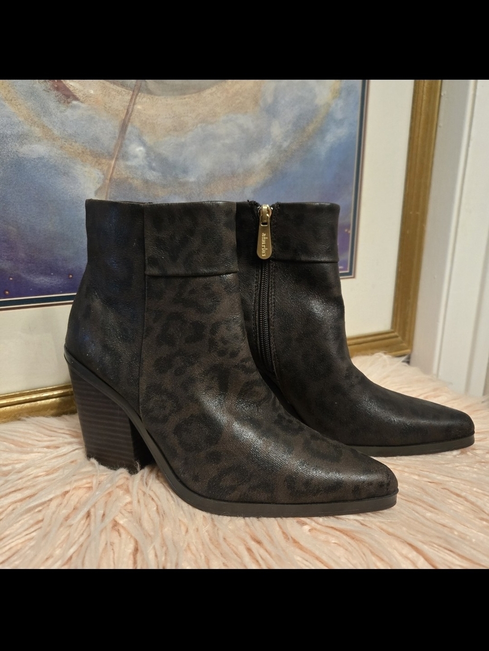 Charles David Leopard-Print Black Ankle Boots with Block Heel NEW Size 7.5